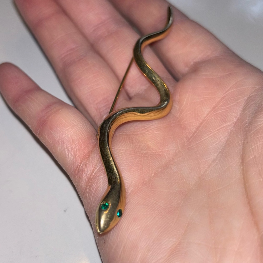 Green Rhinestone Serpent Gold-Tone Snake Reptile Brooch Pin Estate